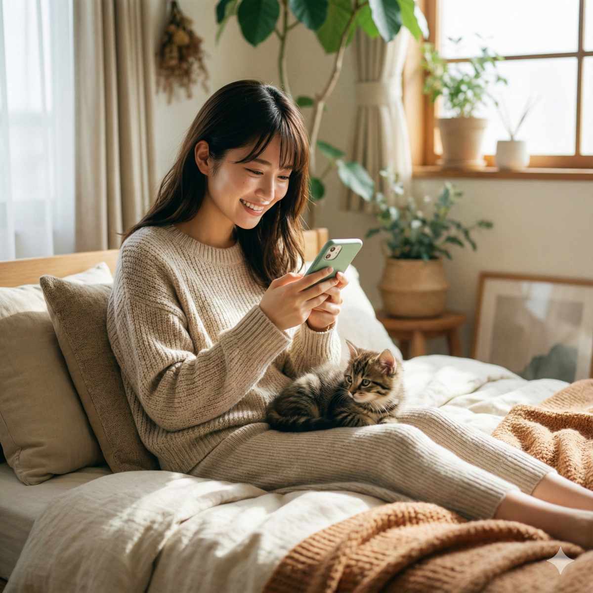 ベッドルームでくつろぐ若い日本人女性と子猫。女性はベージュのリブニットのセットアップを着て、窓から自然光が差し込むベッドに座り、笑顔でスマートフォンを見ている。彼女の膝の上には、小さなキジトラの子猫が座り、同じ方向を見つめている。部屋は観葉植物やドライフラワーが飾られた、ナチュラルで温かみのある雰囲気。