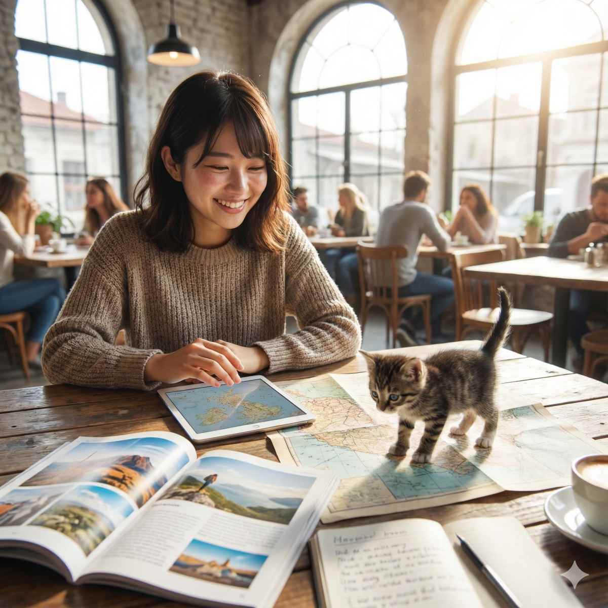 日当たりの良いカフェの木製テーブルに座り、旅行雑誌やタブレットを広げて楽しそうにデートの計画を立てる20歳の日本人女性の写真。テーブルの上の地図を子猫が歩いている。