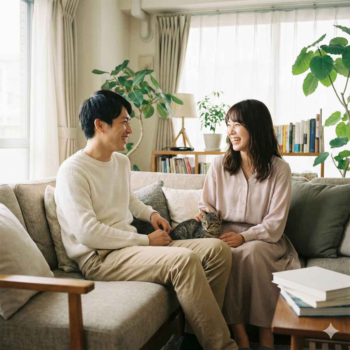 自然光が差し込むリビングルームのソファで、笑い合う若い日本人カップルと、二人の間に座る猫