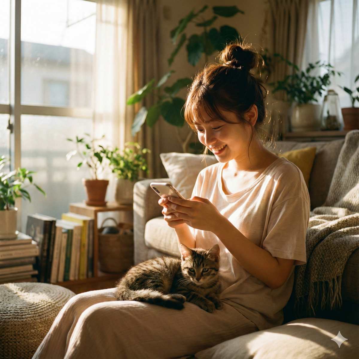 日差しが降り注ぐリビングで、期待に満ちた表情でスマートフォンを見つめ、微笑む20歳の日本人女性の自然な写真。膝の上にはやんちゃな子猫が乗っている。窓から差し込む温かいゴールデンアワーの光が柔らかな影を作り、肌の透明感や血色（サブサーフェス・スキャタリング）を際立たせている。ポジティブで期待感のある雰囲気。