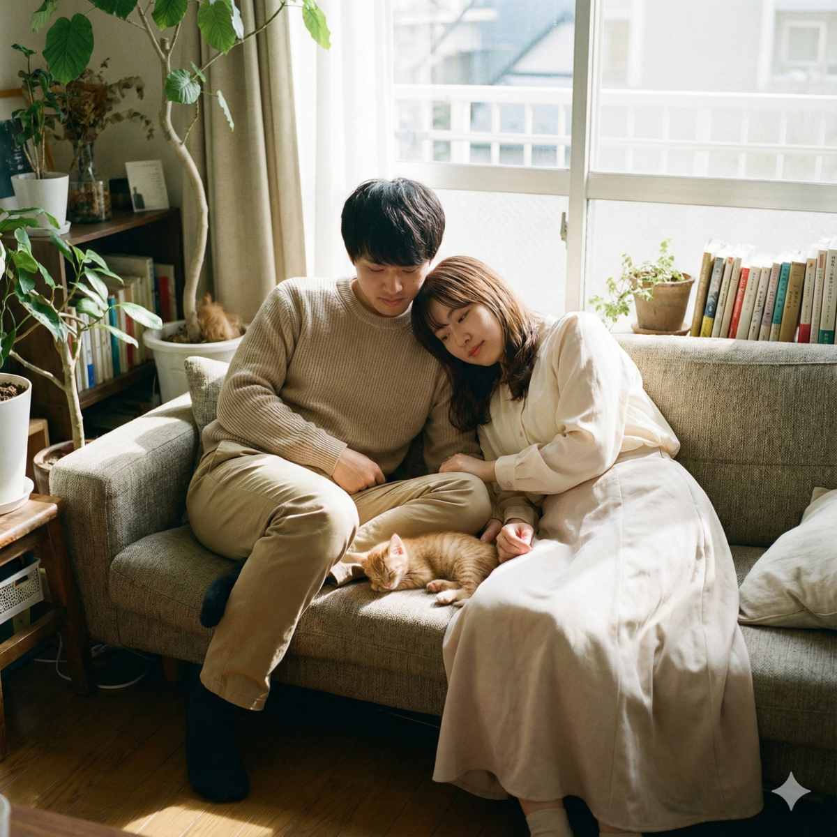 日当たりの良い居心地の良いワンルームのリビングでくつろぐ20代の日本人カップルの自然な写真。清潔感とリラックス感のバランスが取れた服装（男性はシンプルなニットとチノパン、女性は柔らかいブラウスとリラックススカート）。ソファの上で小さな子猫が二人の間で安らかに眠っている。温かく調和のとれた雰囲気。