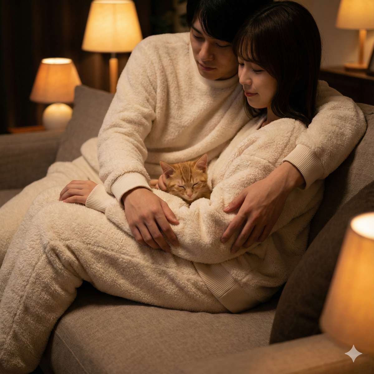 柔らかなランプの光に照らされた、温かく居心地の良い夜のリビングルーム。20代の日本人カップルがソファで寄り添い、お揃いのふわふわで柔らかい質感のルームウェア（ジェラートピケ風、ロゴなし）を着ている。生地の質感と二人の親密さに焦点を当てている。子猫が二人の間のふわふわの中に幸せそうに埋もれている。