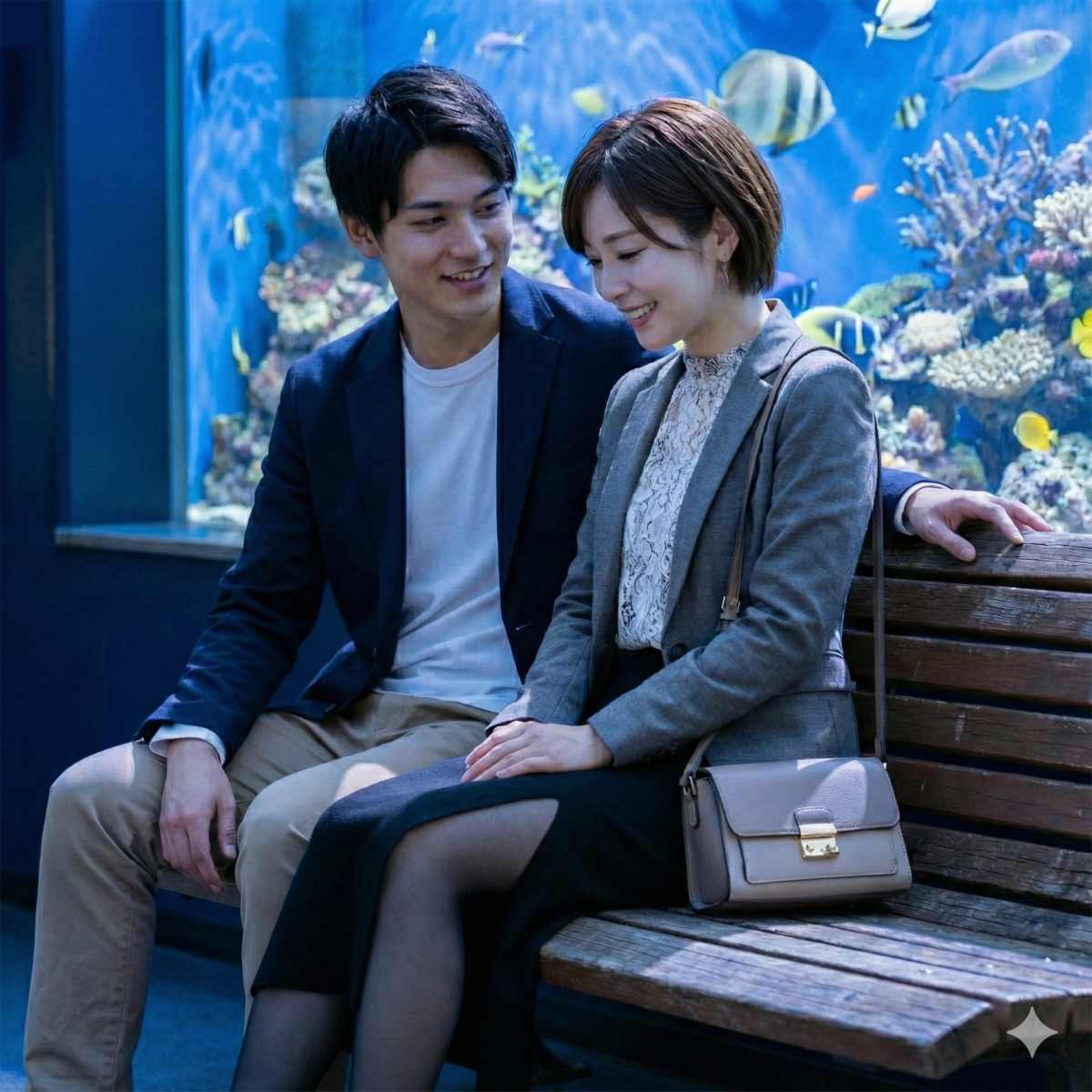 水族館で、グレーのテーラードジャケットにスリット入りの黒いロングタイトスカートを合わせたショートカットの女性が、男性とベンチに並んで座り、仲睦まじく談笑しているデート中の様子。