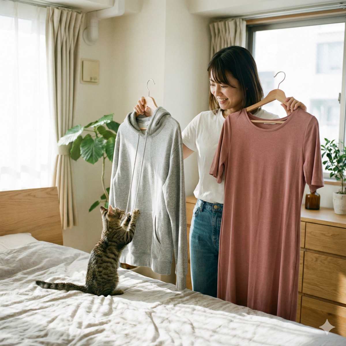 寝室で、20代の日本人女性が2つの選択肢を体に当てて楽しそうに選んでいる写真：片手にはカジュアルなグレーのパーカー、もう片手にはフェミニンで柔らかいジャージーワンピース。微笑みながら迷っている。ベッドの上で子猫がパーカーの紐で遊んでいる。