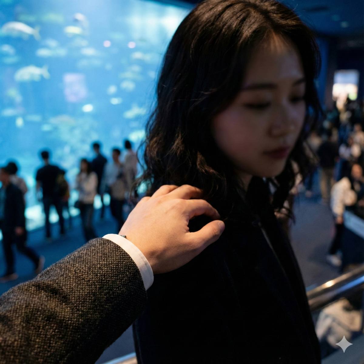 デート中の女性の視点からのフォトリアルなショット。仕立ての良いジャケットを着た若い男性の腕が、水族館の混雑の中で彼女をエスコートしたり温めたりするように、20代の若い日本人女性の肩に優しく添えられている（女性は肩と髪のみが見える）。男性の保護的な仕草とジャケットの質感に焦点を当て、信頼感と温かさを表現。柔らかな環境照明。