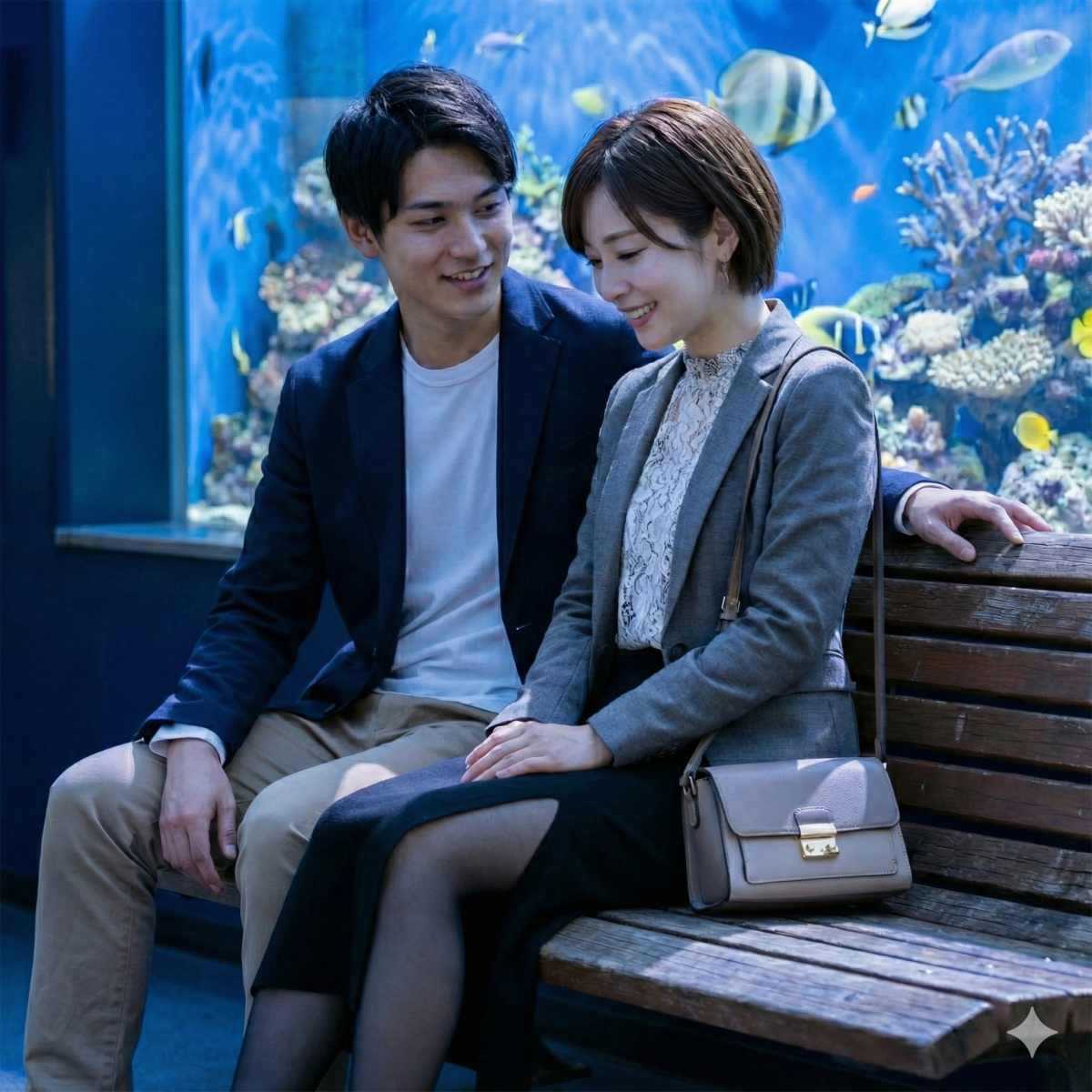 水族館の巨大な熱帯魚の水槽の前で、木製のベンチに並んで座り、笑顔で見つめ合う若い日本人のカップル。男性はネイビーのジャケットと白いTシャツを着ており、女性はグレーのブレザー、白いレースのトップス、黒のロングスカートを着用し、ベージュのショルダーバッグを肩にかけている。背景の水槽には色とりどりの魚が泳ぎ、青い光が二人を照らしている。