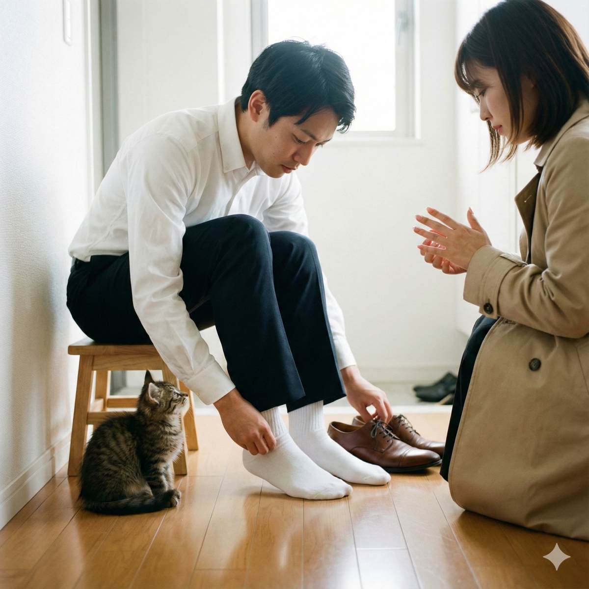 アパートの玄関での写真。座りながら、靴を履く前に清潔な新しい靴下をチェックしている20代の日本人男性。その隣で女性が自分の爪をチェックしている。細部へのこだわりと清潔感を強調したシーン。足元で子猫が座って見上げている。