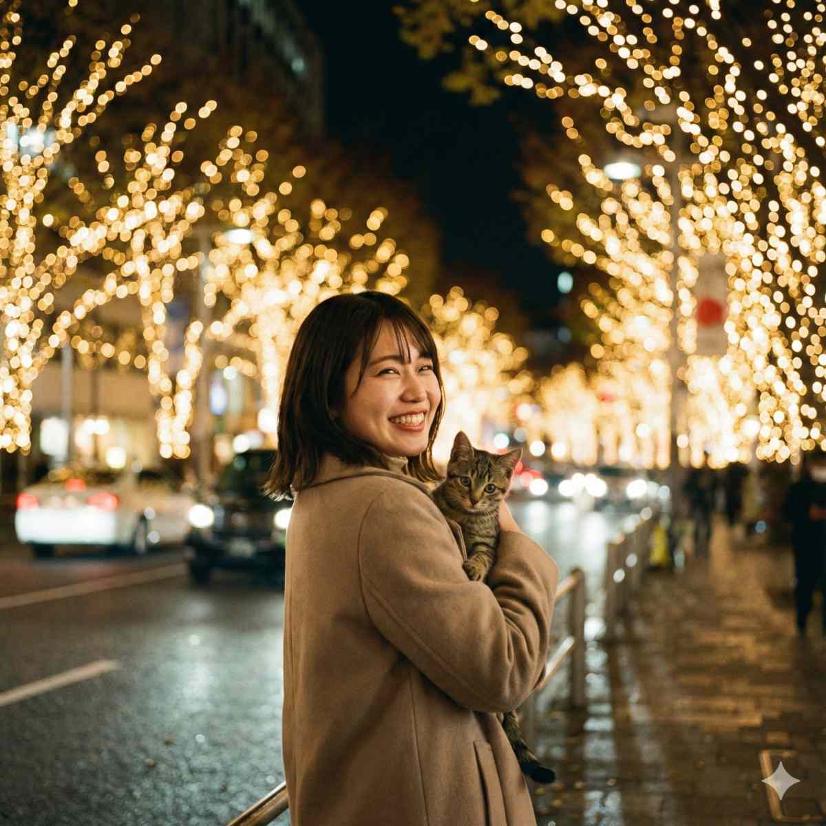 夜の美しい黄金色のイルミネーションで飾られた六本木の並木道に立ち、幸せで輝くような笑顔で肩越しに振り返る20歳の日本人女性の写真。彼女は小さな子猫を腕に抱いている