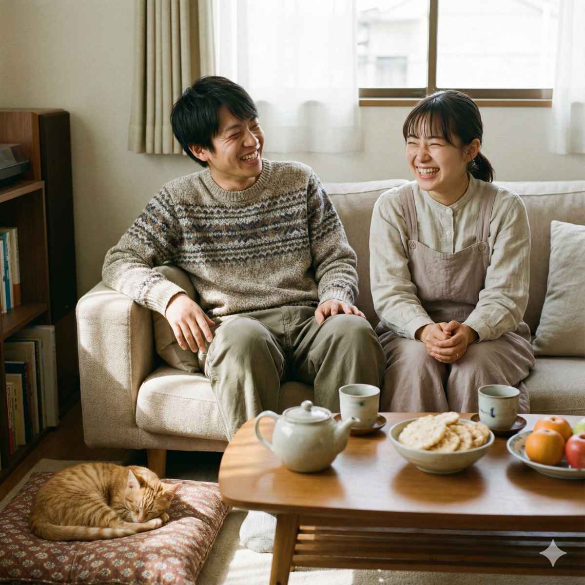 日当たりの良い居心地の良いワンルームのリビングでくつろぐ20代の日本人カップルの自然な写真。清潔感とリラックス感のバランスが取れた服装（男性はシンプルなニットとチノパン、女性は柔らかいブラウスとリラックススカート）。ソファの上で小さな子猫が二人の間で安らかに眠っている。温かく調和のとれた雰囲気。