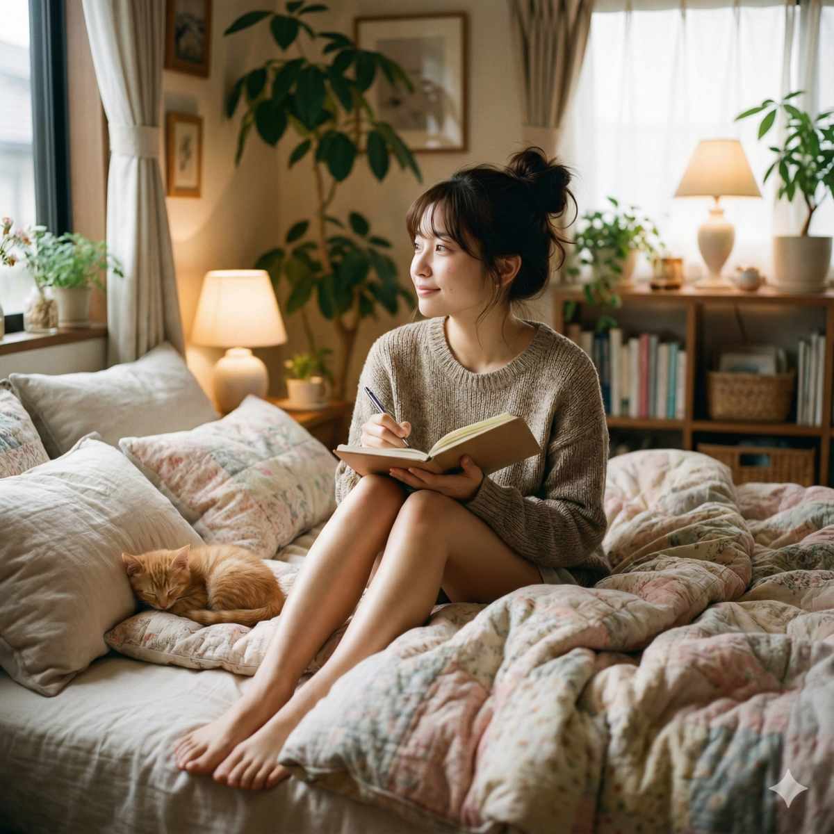 居心地の良い寝室の快適なベッドに座り、ノートとペンを手に、穏やかな微笑みを浮かべながら思慮深く遠くを見つめる20歳の日本人女性の写真。枕元では小さな子猫が眠っている。
