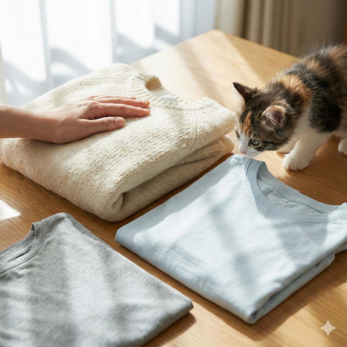 明るいリビングの木製テーブルの上に並べられた様々な衣類素材の接写：きれいにたたまれた柔らかいコットンシャツ、質感のあるニットセーター、滑らかなジャージー生地。日本人の女性の手がニット素材に優しく触れている。好奇心旺盛な子猫が近くで生地の匂いを嗅いでいる。