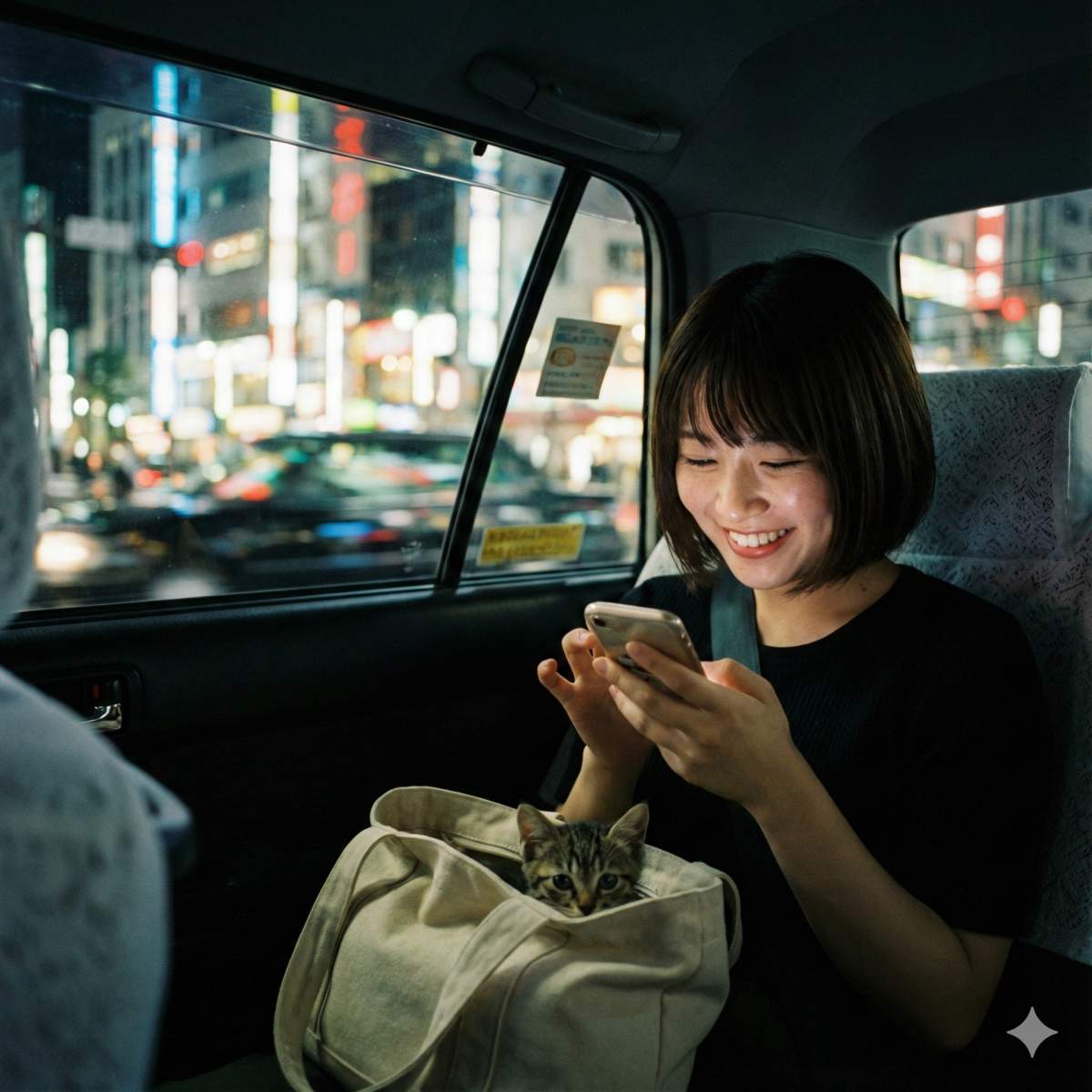 デートの後、タクシーの後部座席に座り、余韻に浸るような喜びの微笑みを浮かべてスマートフォンを見つめる20歳の日本人女性のキャンディッドな夜の写真。窓の外には街の明かりやぼやけたイルミネーションが見える。隣に置かれたトートバッグから小さな子猫が顔をのぞかせている。