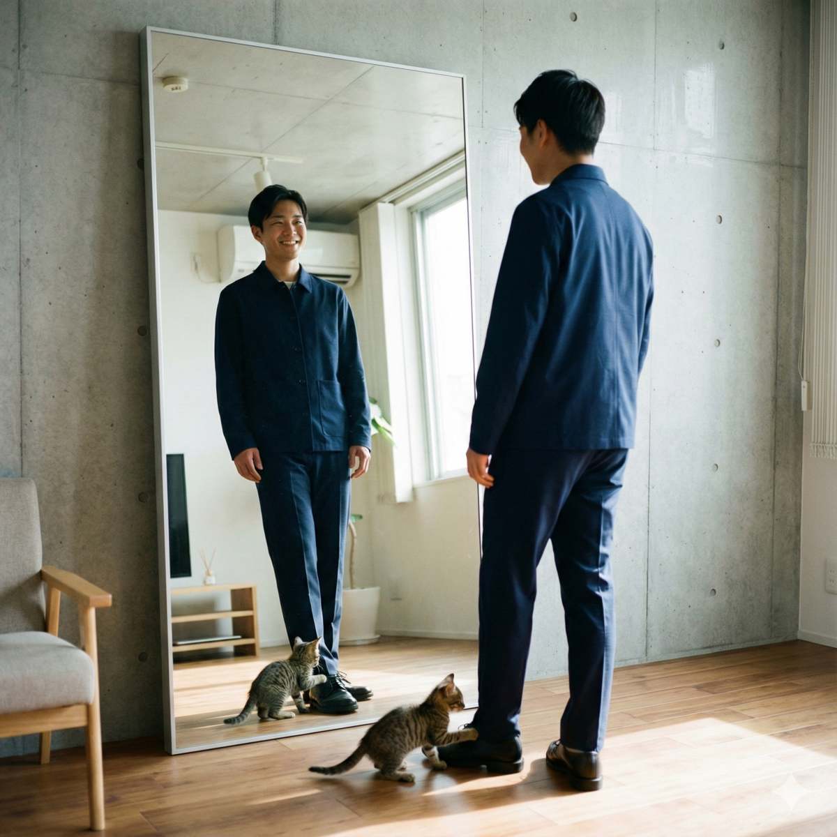 整頓されたアパートの部屋に立つ20代の日本人男性の写真。清潔感のあるネイビーのシンプルなジャケットとパンツのセットアップを着用。鏡に向かって自信を持って微笑み、身だしなみをチェックしている。ミニマルな内装。足元で小さな子猫が遊んでいる。