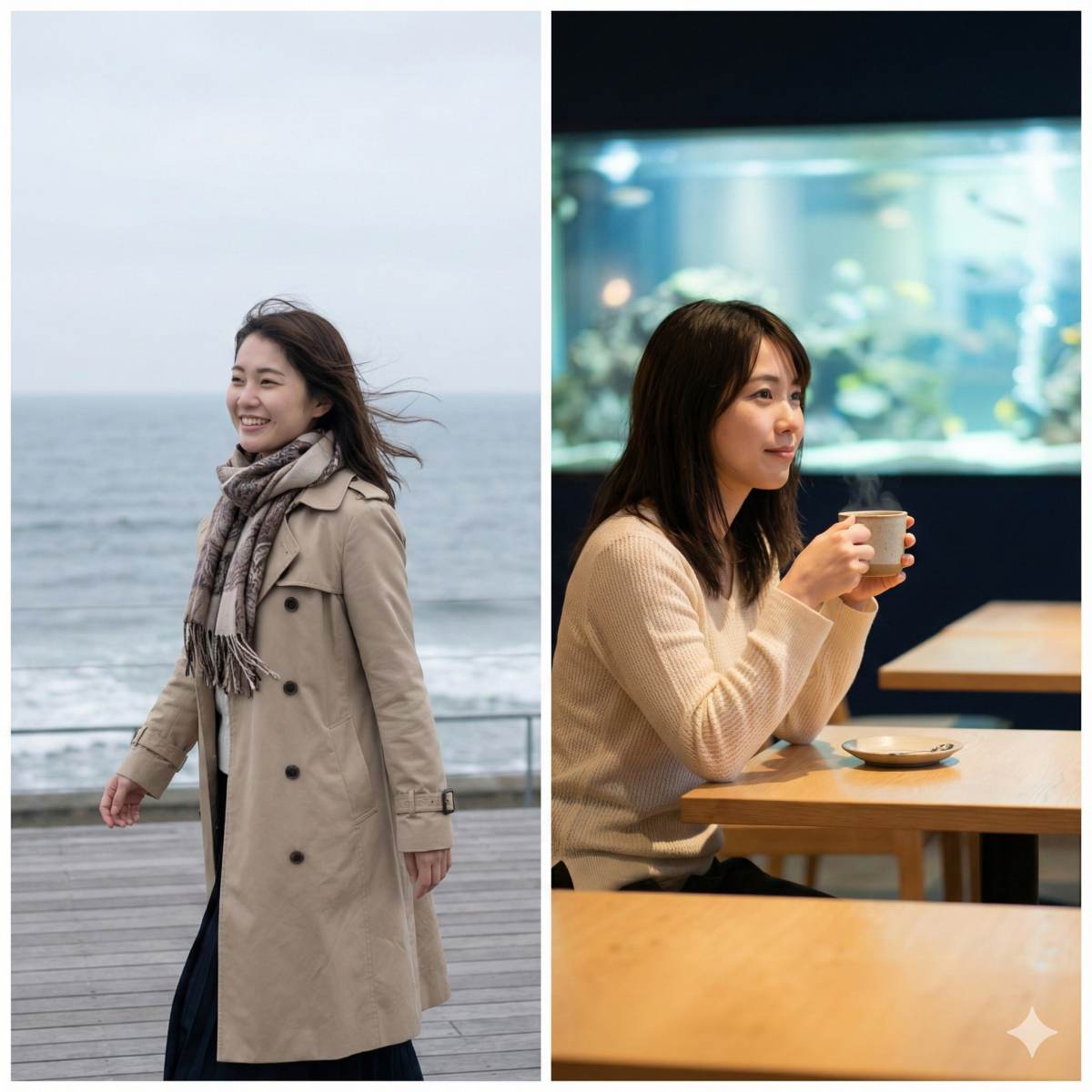 2つのシーンを分割したキャンディッド（自然体）スタイルのフォトリアルなショット。左側：20代の若い日本人女性が海を見渡す屋外デッキを歩いており、風に備えてスタイリッシュなトレンチコートとスカーフを身にまとっている。右側：同じ女性が水族館内の温かく居心地の良いカフェにおり、コートを脱いでリラックスした様子。ファッショナブルなニットを着用し、温かい飲み物を持っている。どちらのシーンも、温度変化に対応し快適に過ごしている様子を描く。屋内は柔らかな自然光、屋外は拡散した光。