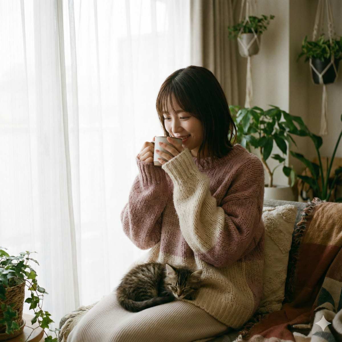 柔らかな自然光が差し込む窓辺に座る20代の日本人女性のポートレート。少しオーバーサイズのふわふわしたパステルカラーのニットを着用。長い袖から指先がのぞいている（萌え袖）。両手で陶器のマグカップを顔の近くに持ち、優しく微笑んでいる。膝の上には子猫が座っている。