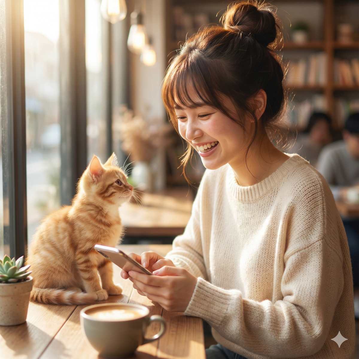 明るく居心地の良いカフェでリラックスしながら、スマートフォンで文字を打ち、静かに笑う20歳の日本人女性の写真。テーブルの上では好奇心旺盛な子猫が画面を覗き込んでいる。木製のテーブルにはコーヒーカップと小さな観葉植物。