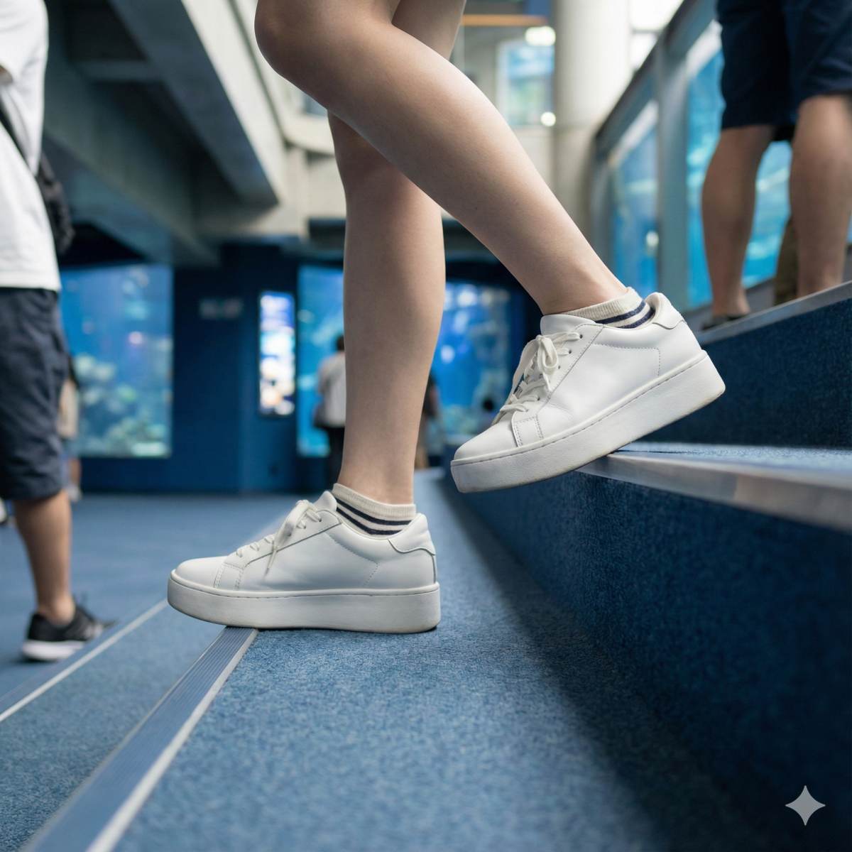 水族館内のカーペット敷きの階段を上る、20代の若い日本人女性の足元に焦点を当てたフォトリアルなローアングルショット。スタイリッシュで快適なローヒールのパンプス、または清潔感のあるファッショナブルなスニーカーを履いている。靴と足首にフォーカスし、軽やかで楽な足取りを表現。背景には、ぼかされた水族館の建築物や他の来場者が映っている。柔らかな室内照明。