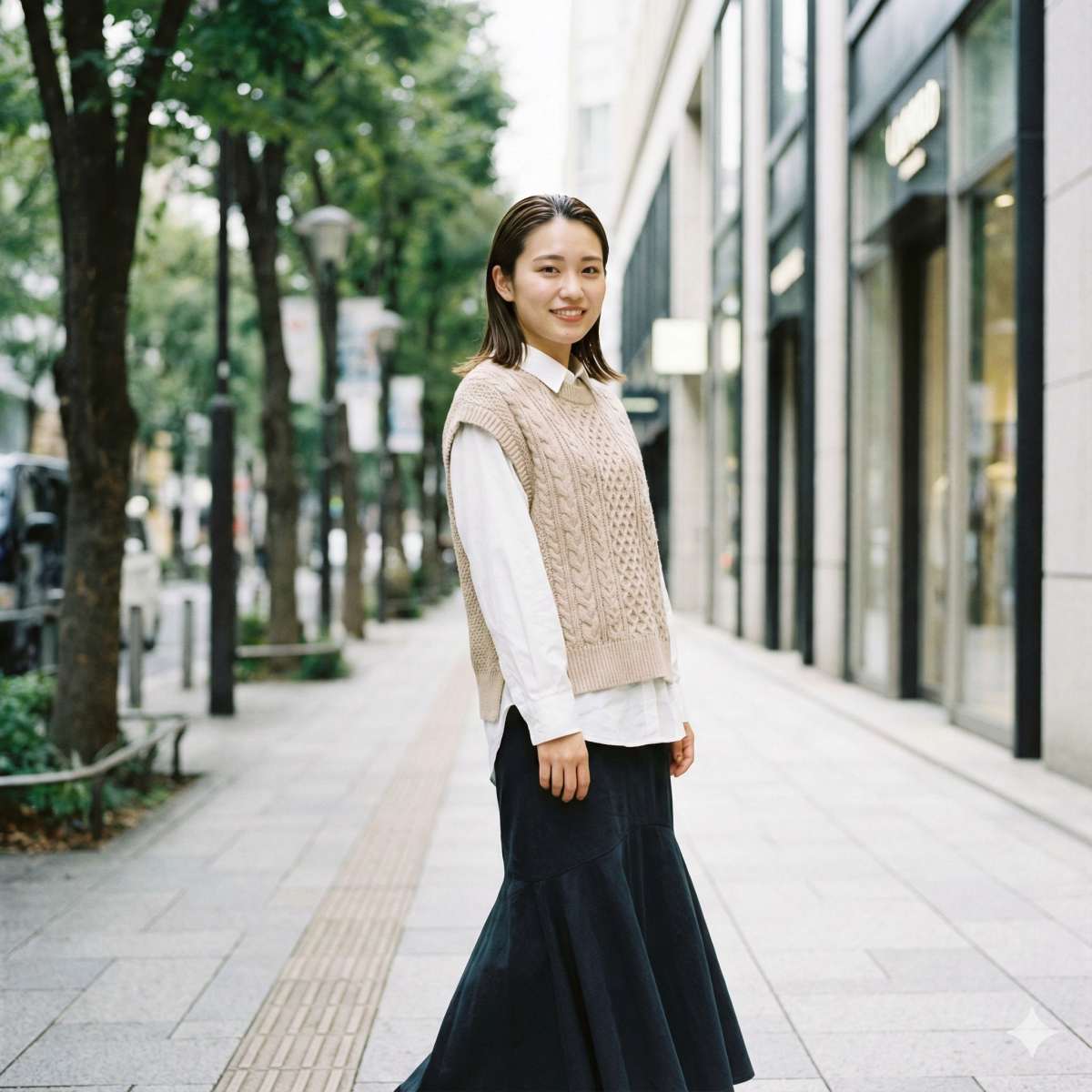 東京・六本木の並木道で自信を持ってポーズをとる、20代の若い日本人女性のファッションスナップ風フォトリアル・ポートレート。トレンドのニットベストにシャツ、マーメイドスカートを合わせた、すべて手頃なアイテム（GUなど）で構成されているが、シックで高価に見えるコーディネート。ヘアメイクは洗練されている。背景には高級店や街灯がぼやけて映っている。自然な日光。