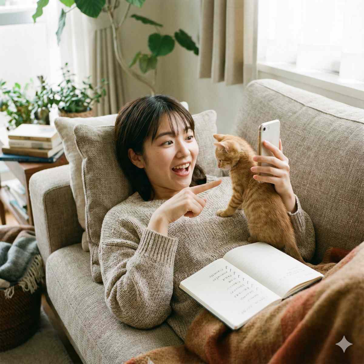 リビングの快適なソファに横たわり、嬉しそうな驚きの表情でスマートフォンの画面を指差す20歳の日本人女性の写真。お腹の上にはチェックリストが書かれた開いたノートがある。胸の上には子猫が座り、一緒にスマートフォンを見ている。柔らかく心地よい日差し