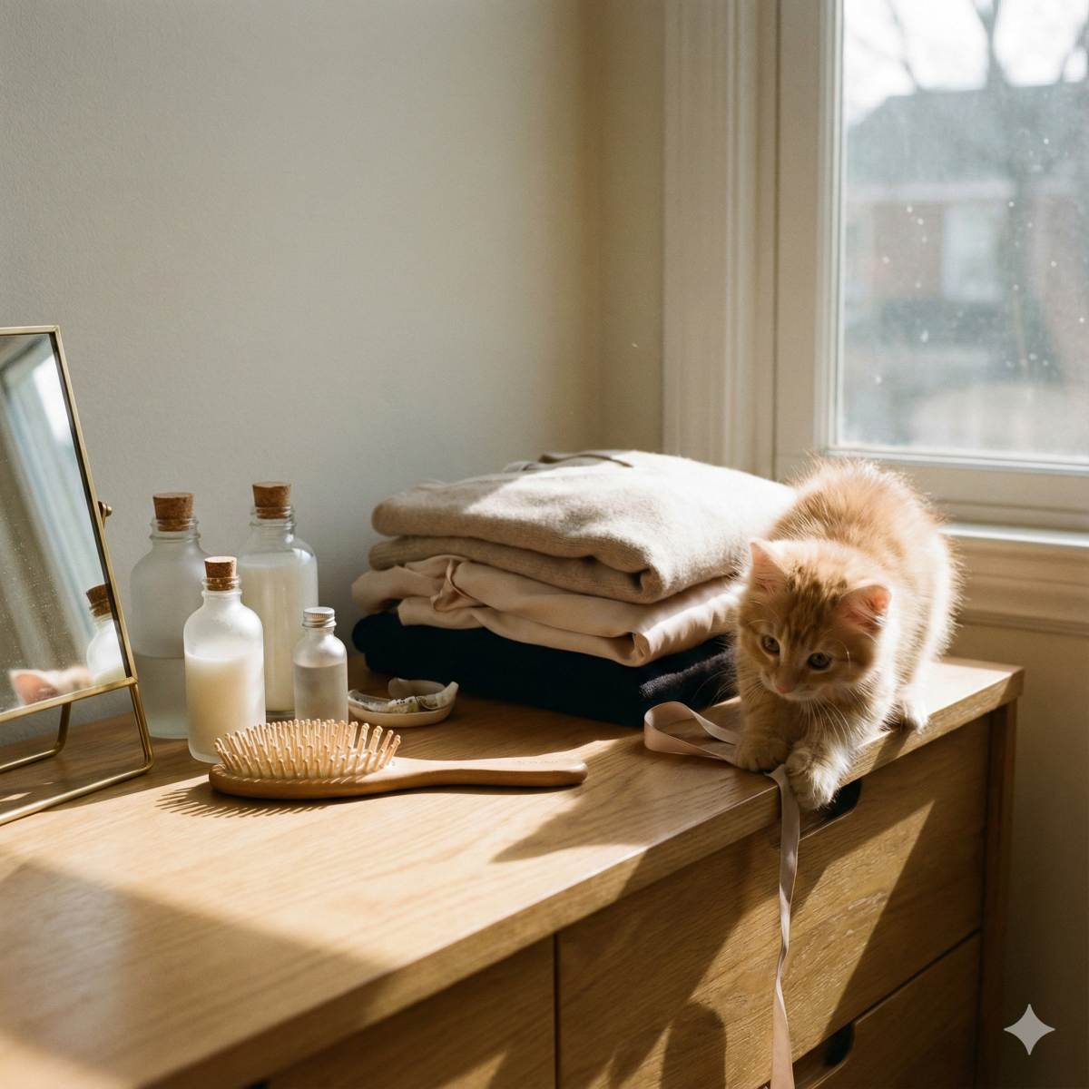 日当たりの良い部屋にある、きれいに整頓されたドレッサーの上の写真。スキンケアのボトル（ロゴなし）、ヘアブラシ、小さな鏡が、きれいにたたまれた上質な服の隣に並んでいる。デートの準備を予感させるシーン。ドレッサーの端に小さな子猫が危なっかしく座っている。