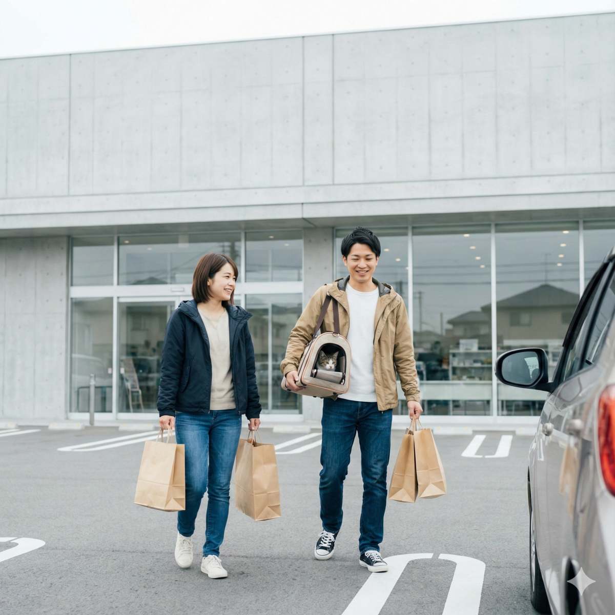 郊外の大型衣料品店（ユニクロ風の建築、ロゴなし）の駐車場で撮影された写真。20代の日本人カップルが、数枚の無地の茶色い紙袋を持ち、買い物を終えて幸せそうに車に向かって歩いている。男性は子猫の入った小さなペットキャリーを持っている。
