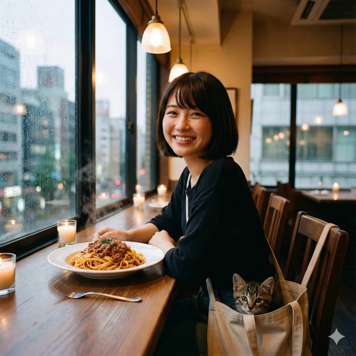 温かい雰囲気の居心地の良いイタリアンレストランの窓際に座り、美味しそうなパスタの皿を見て微笑む20歳の日本人女性の写真。窓の外には街並みがぼやけて見えている。隣の椅子の開いたバッグの中に小さな子猫が収まっている。