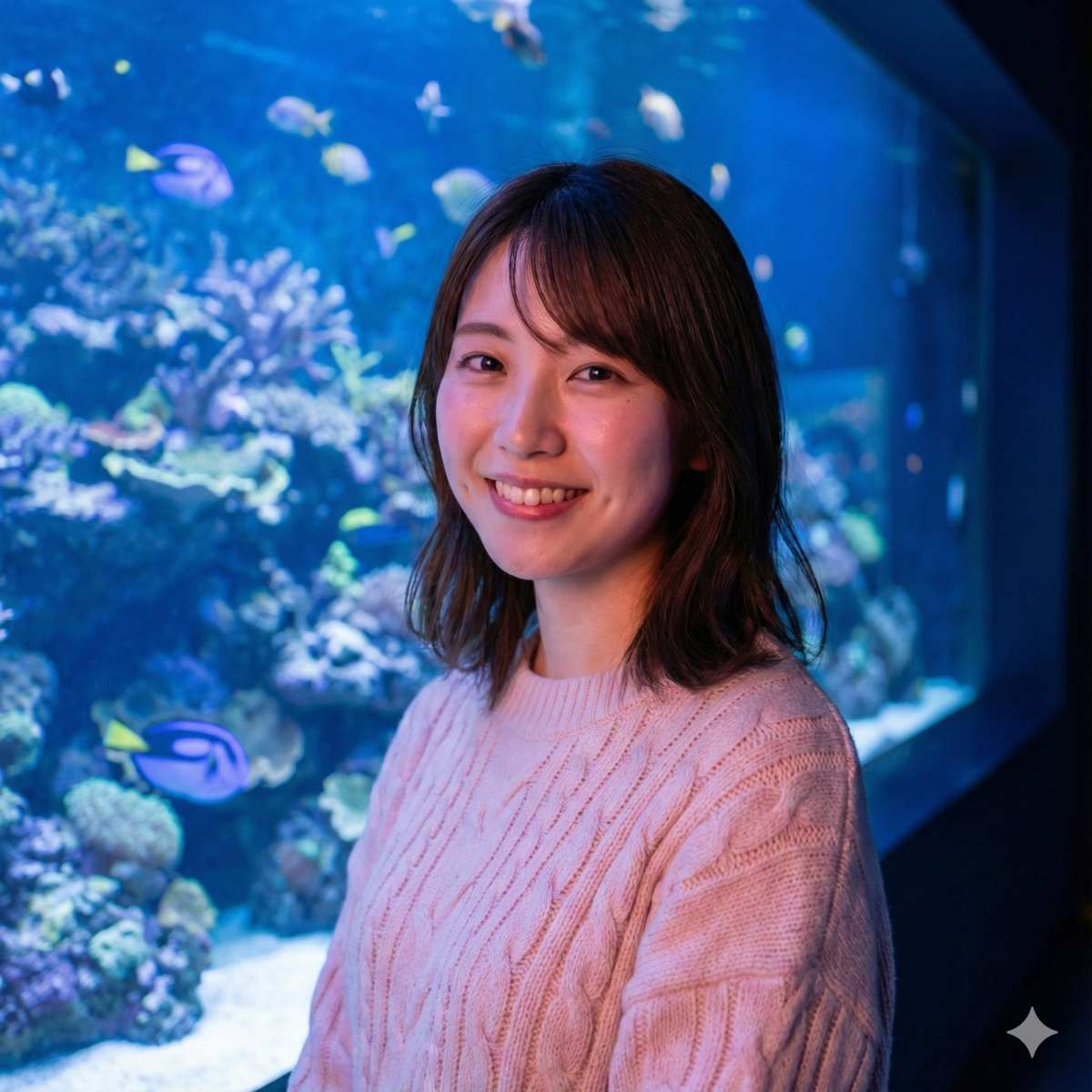 水族館の大きな薄暗いサンゴ礁の水槽の前に立つ、20代の若い日本人女性のフォトリアル・ポートレート。彼女は柔らかなパステルピンクのニットセーターを着ており、それがレフ板のように機能して、周囲の青い光の中でも顔を明るくし、肌に健康的でバラ色の輝きを与えている。カメラに向かって温かく微笑んでいる。柔らかな拡散光が彼女の特徴を際立たせている。