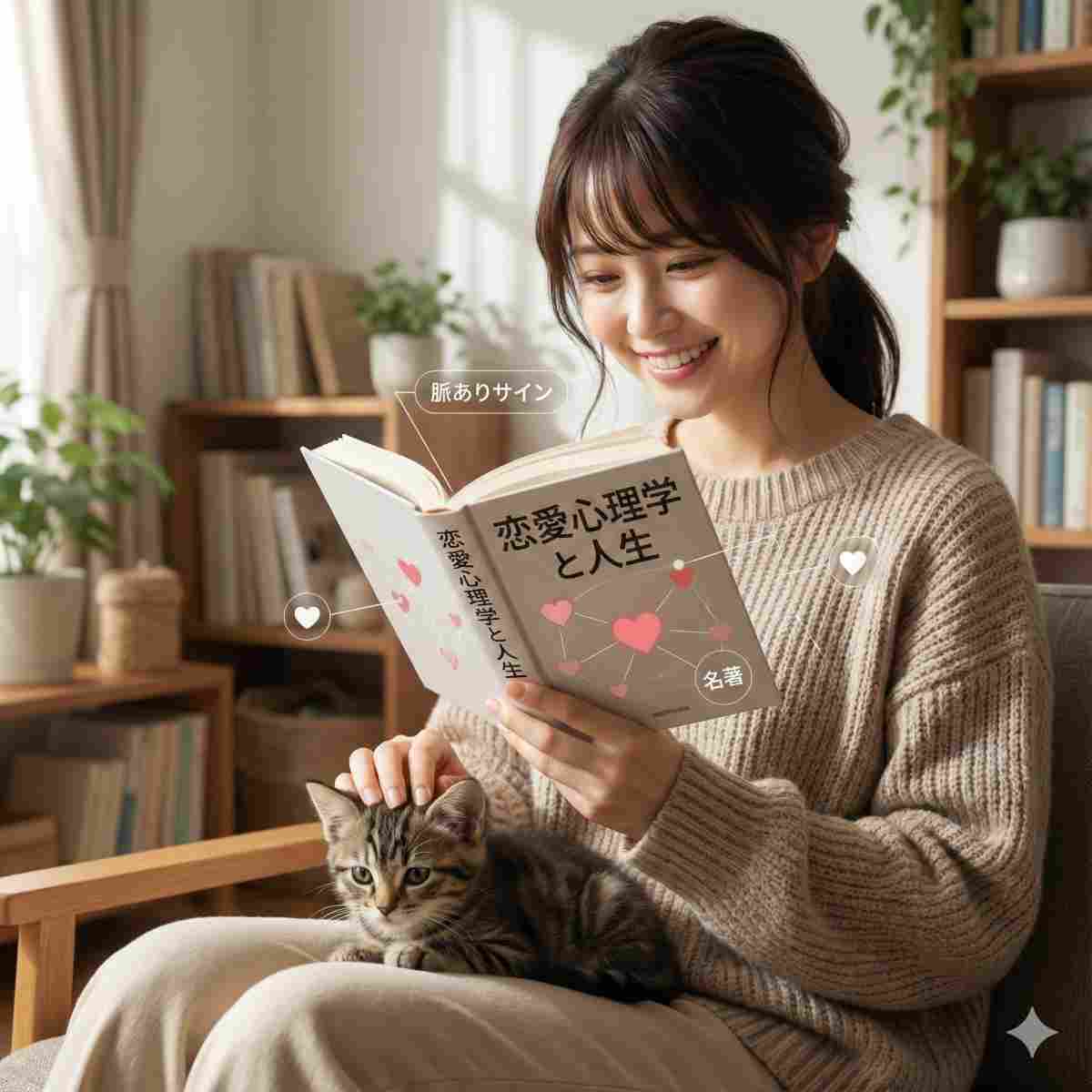 笑顔の若い女性が、膝の上に乗った子猫を撫でながら、「恋愛心理学と人生」というタイトルの本を開いて読んでいる様子。本の周りには、本の内容を示す「脈ありサイン」や「名著」という言葉と、ハートのインフォグラフィックが浮かび上がっている。