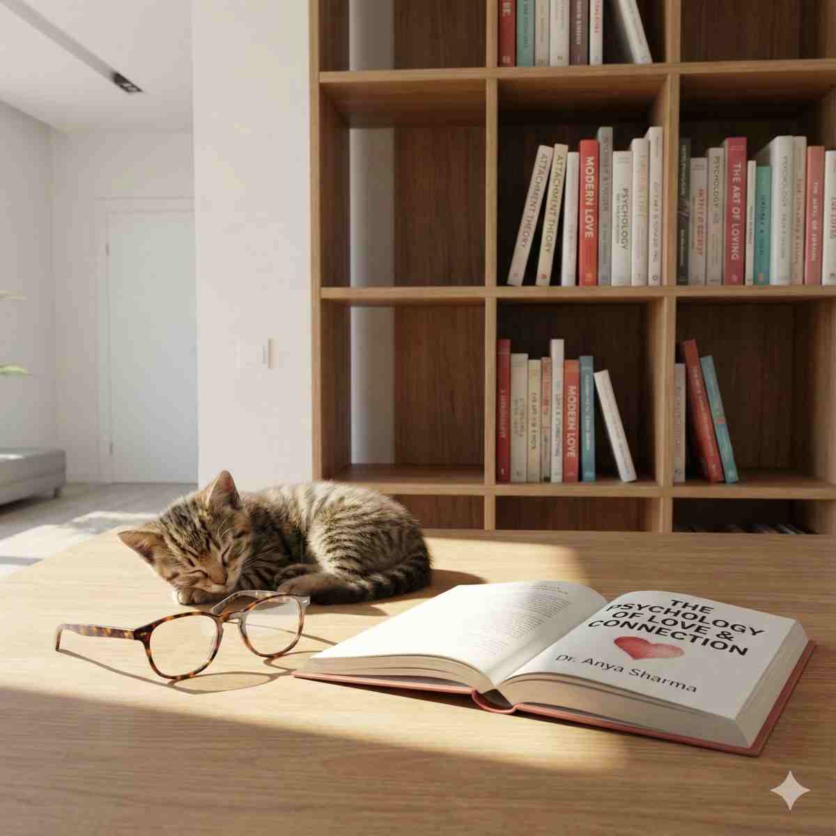 明るいモダンな本棚と、テーブルの上で柔らかな日差しを浴びる恋愛心理学の本。傍らには眼鏡と眠っている子猫。