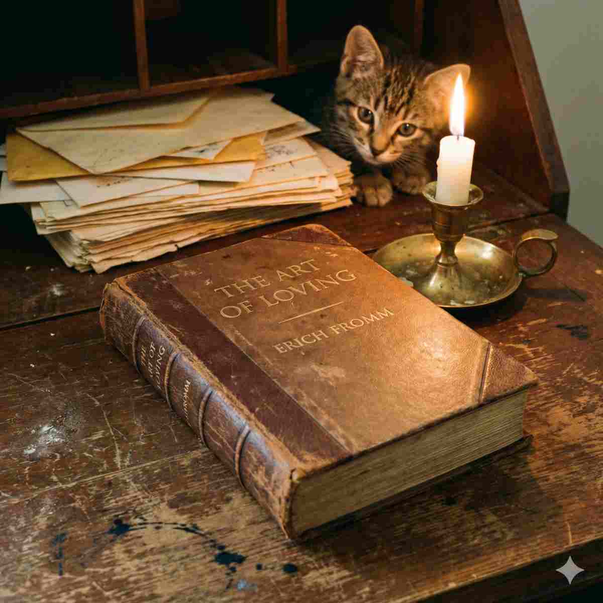 アンティークなデスクに置かれた名著『愛するということ』の古典本。温かいキャンドルの光に照らされ、子猫が紙の束の後ろから興味津々に覗き込んでいる。