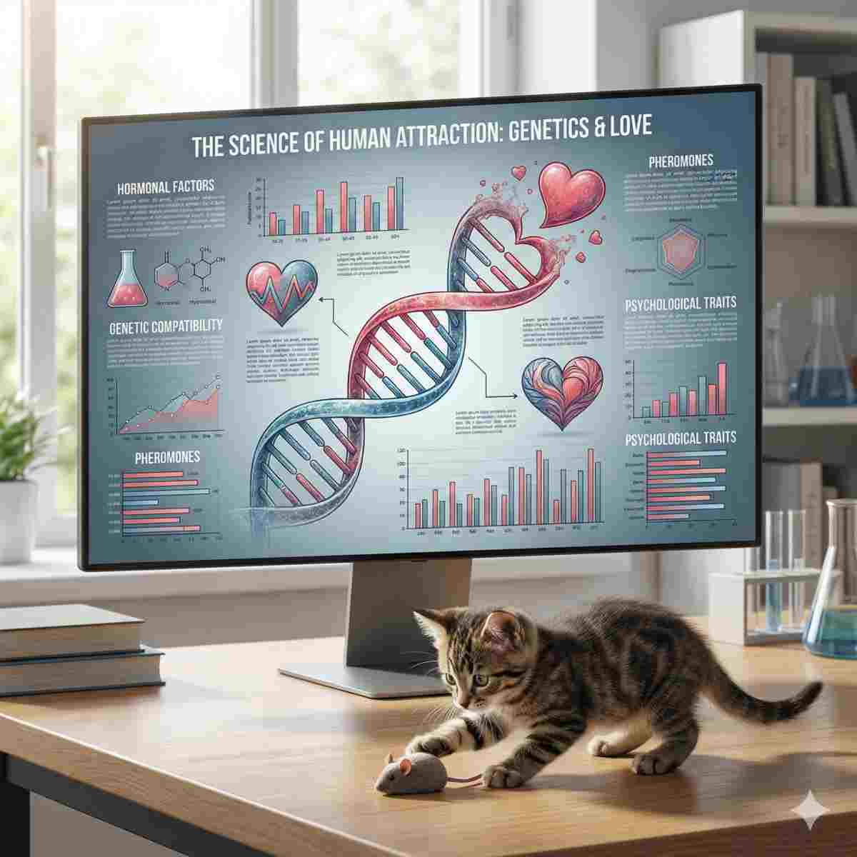 DNAの二重螺旋がハートに変化していく、人の引き付け合いに関する科学的インフォグラフィック。データの映るモニターの横で、おもちゃのネズミと遊ぶ子猫。