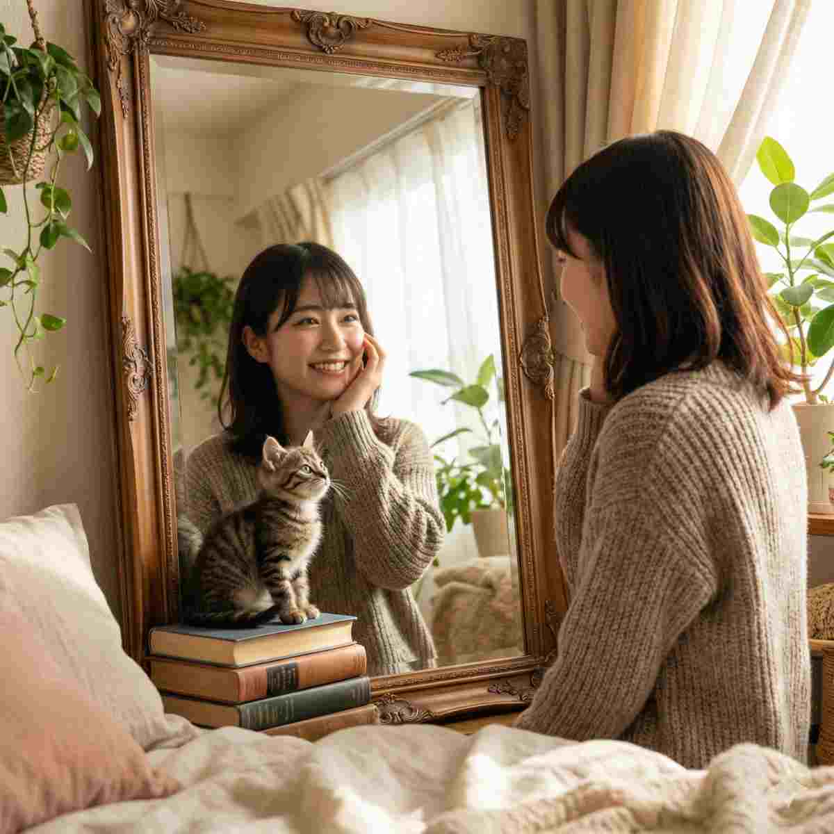 鏡の前で晴れやかな笑顔を見せ、自己肯定感を高めている20代日本人女性。愛らしい子猫が本に座って、隣の女性の姿を見つめています。