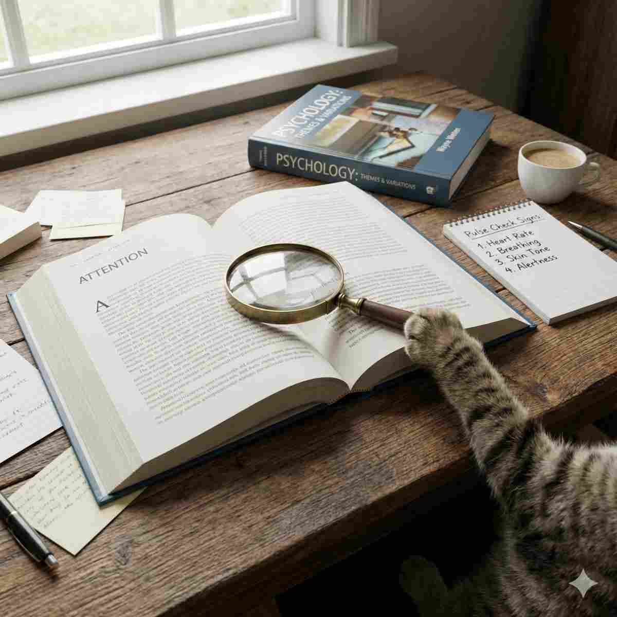 開かれた心理学の本と虫眼鏡がある学習デスク。横のノートには「脈ありサイン」のチェックリストが書かれ、子猫が虫眼鏡の持ち手で遊んでいる。