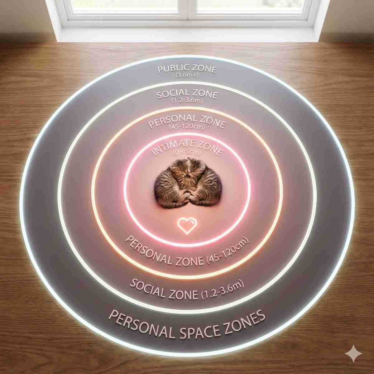 パーソナルスペースの同心円を示すインフォグラフィック。45cmの密接距離が柔らかなハートと共に輝き、その中心で2匹の子猫が寄り添って丸まっている。