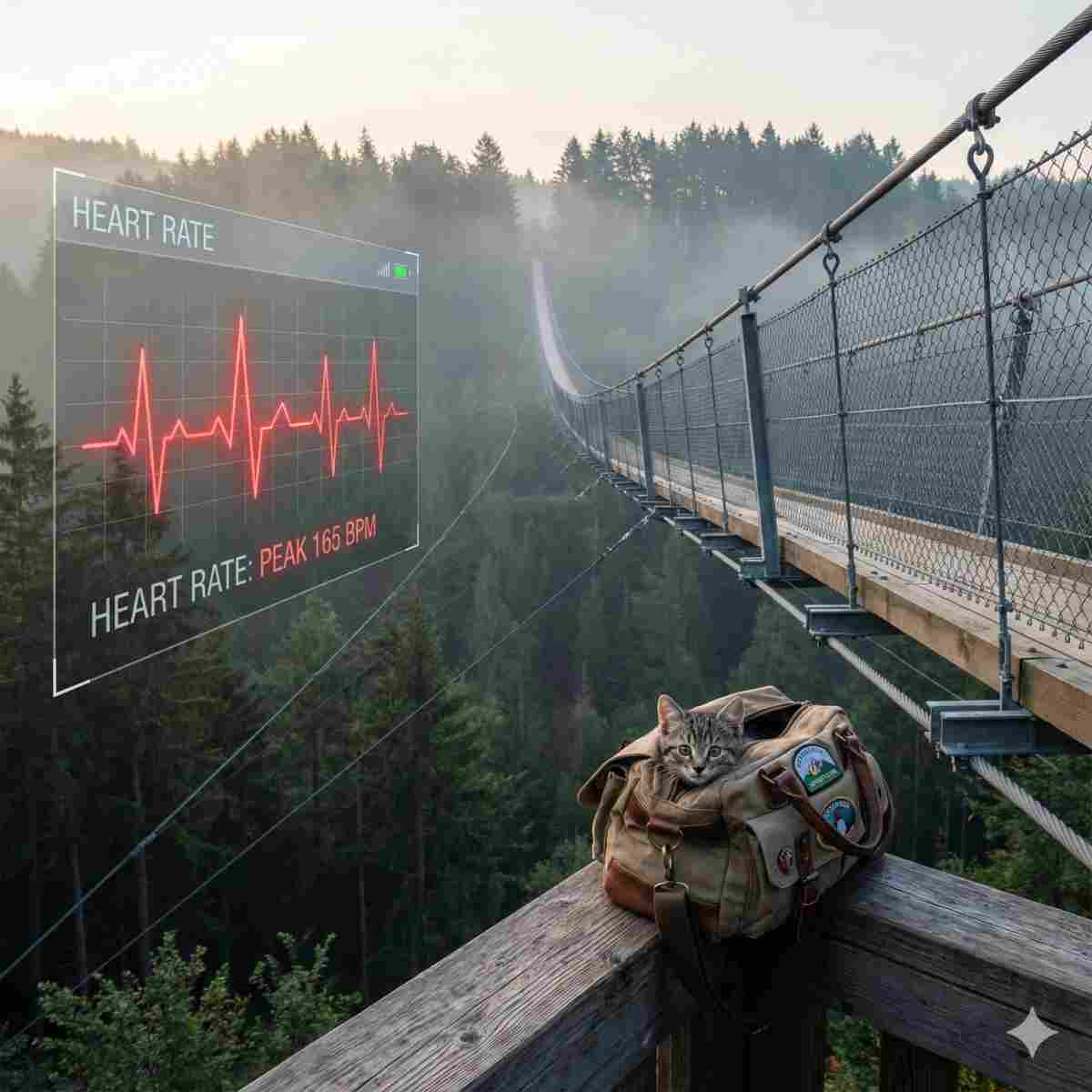 霧がかった森の谷にかかる長い吊り橋と、跳ね上がる心拍数を示すインフォグラフィック。手前のバッグからは子猫が顔を覗かせている。