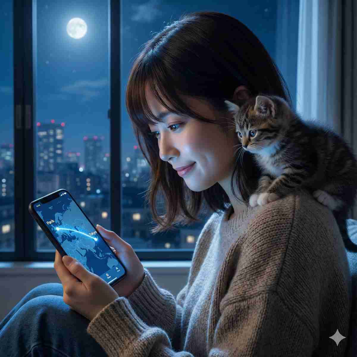 月明かりの窓辺で、遠く離れた都市を結ぶスマホ画面を見つめる20代日本人女性。肩の上では子猫が彼女の頭に寄り添っている。