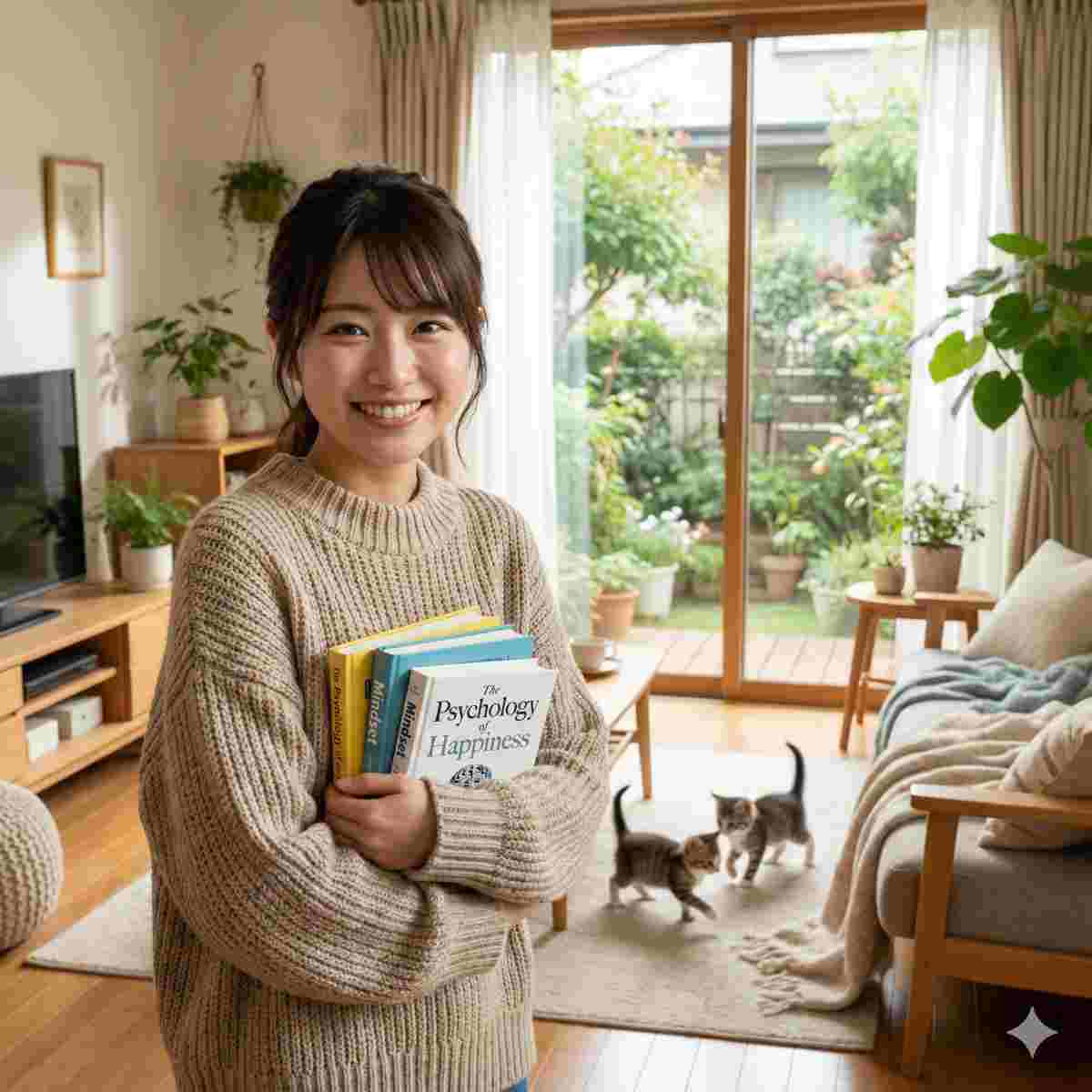 心理学の本を抱え、幸せな家庭の温かい雰囲気に包まれて喜ぶ20代日本人女性。庭の見える窓辺で、足元では2匹の子猫が元気に遊んでいる。