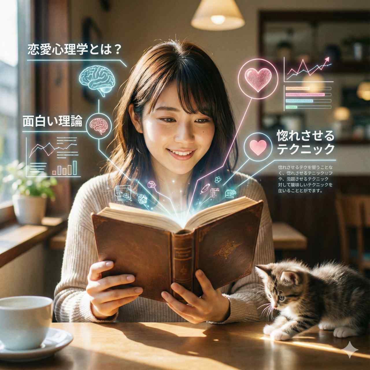 カフェの窓辺で、若い女性が古い本を開いて微笑んでいる写真。本からは光るインフォグラフィックが浮かび上がり、「恋愛心理学とは？」「面白い理論」「惚れさせるテクニック」といったテキストと共に、脳、心臓、グラフなどのアイコンが表示されている。テーブルの上にはコーヒーカップがあり、小さな子猫が本を興味深そうに見つめている。全体的に温かみのある幻想的な雰囲気。