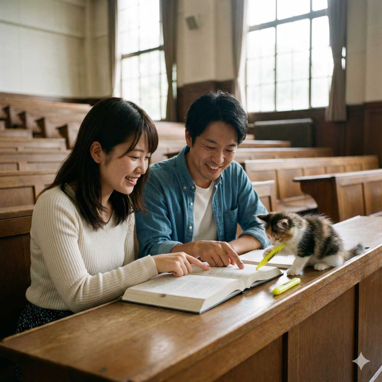広々とした大学の講義室でのリアルな写真。20代の日本人女性と30代の日本人男性が長い机に並んで座り、笑顔で心理学の教科書を一緒に指差しています。机の上では小さな子猫が楽しそうに蛍光ペンを叩いています。