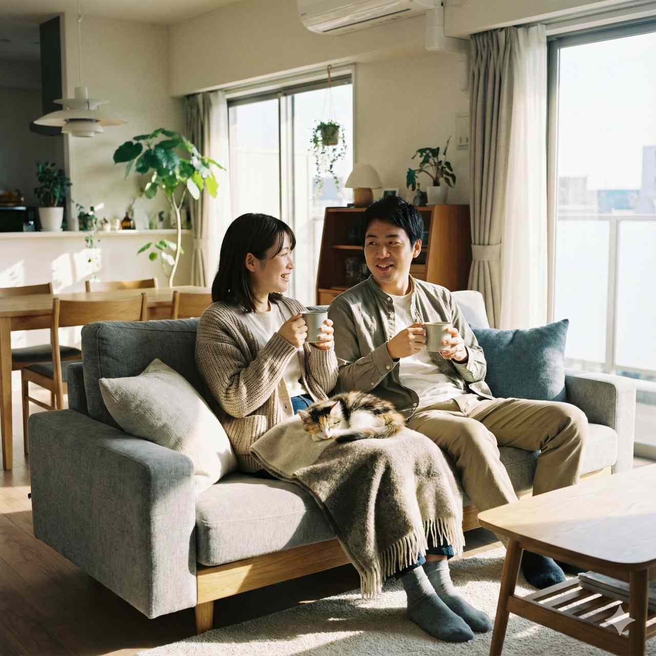 居心地の良いモダンなリビングでのリアルな写真。20代の日本人女性と30代の日本人男性がソファでリラックスし、コーヒーを飲みながら穏やかに語り合い、互いに寄り添っています。二人の間ではふわふわの子猫が丸くなって眠っています。温かい家庭の雰囲気、柔らかな午後の日差し、