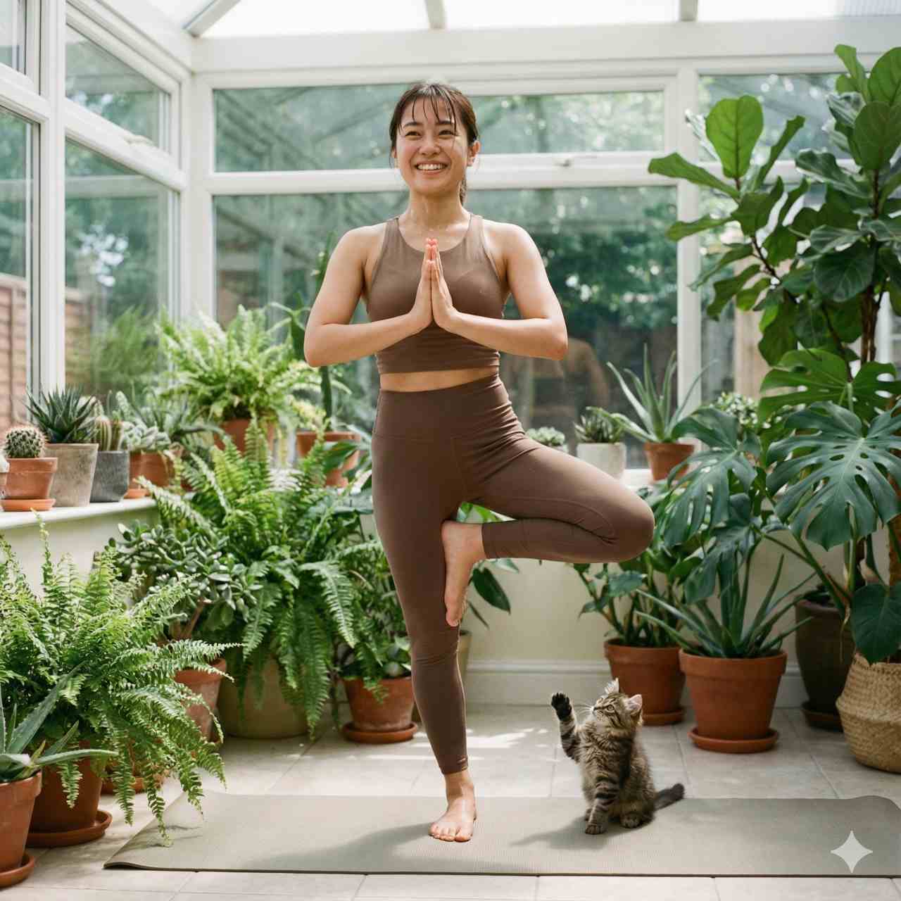 観葉植物に囲まれた明るい部屋でのリアルな写真。20代の日本人女性が、爽やかで決意に満ちた笑顔でヨガをしており、健康的で自信に満ちた表情をしています。ヨガマットの上では子猫が楽しそうに彼女のポーズを真似しようとしています。