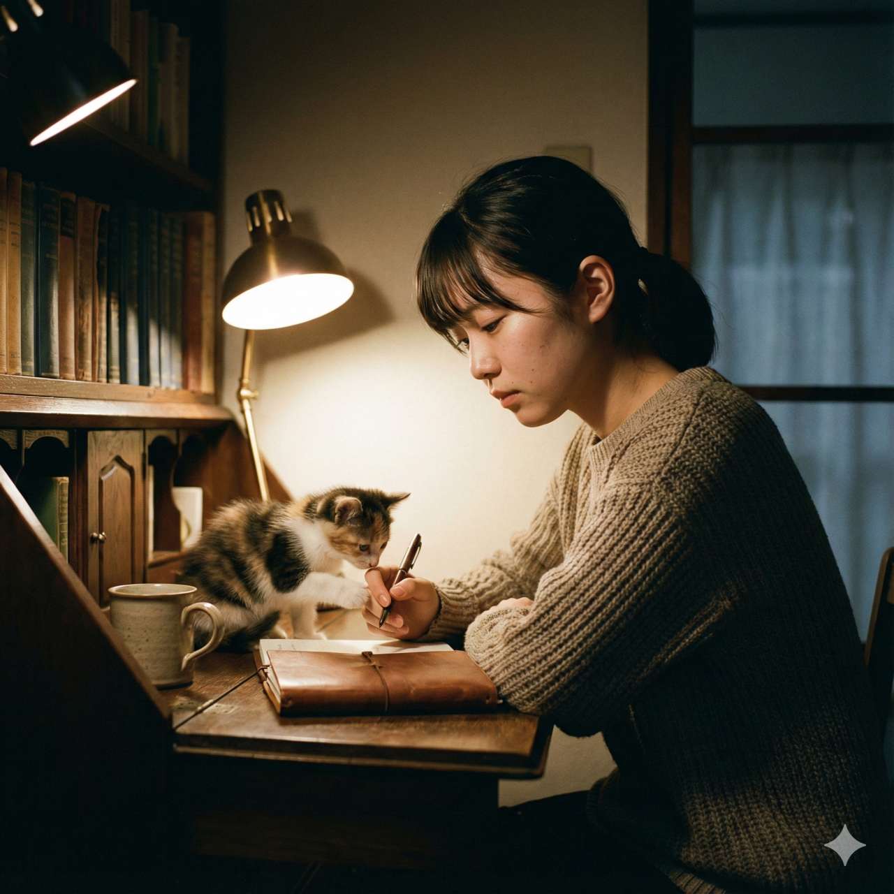 静かな個室の書斎でのリアルな写真。20代の日本人女性が机に向かい、真剣で思慮深い表情で日記を書いています。子猫が彼女のペンの先を優しく叩いています。