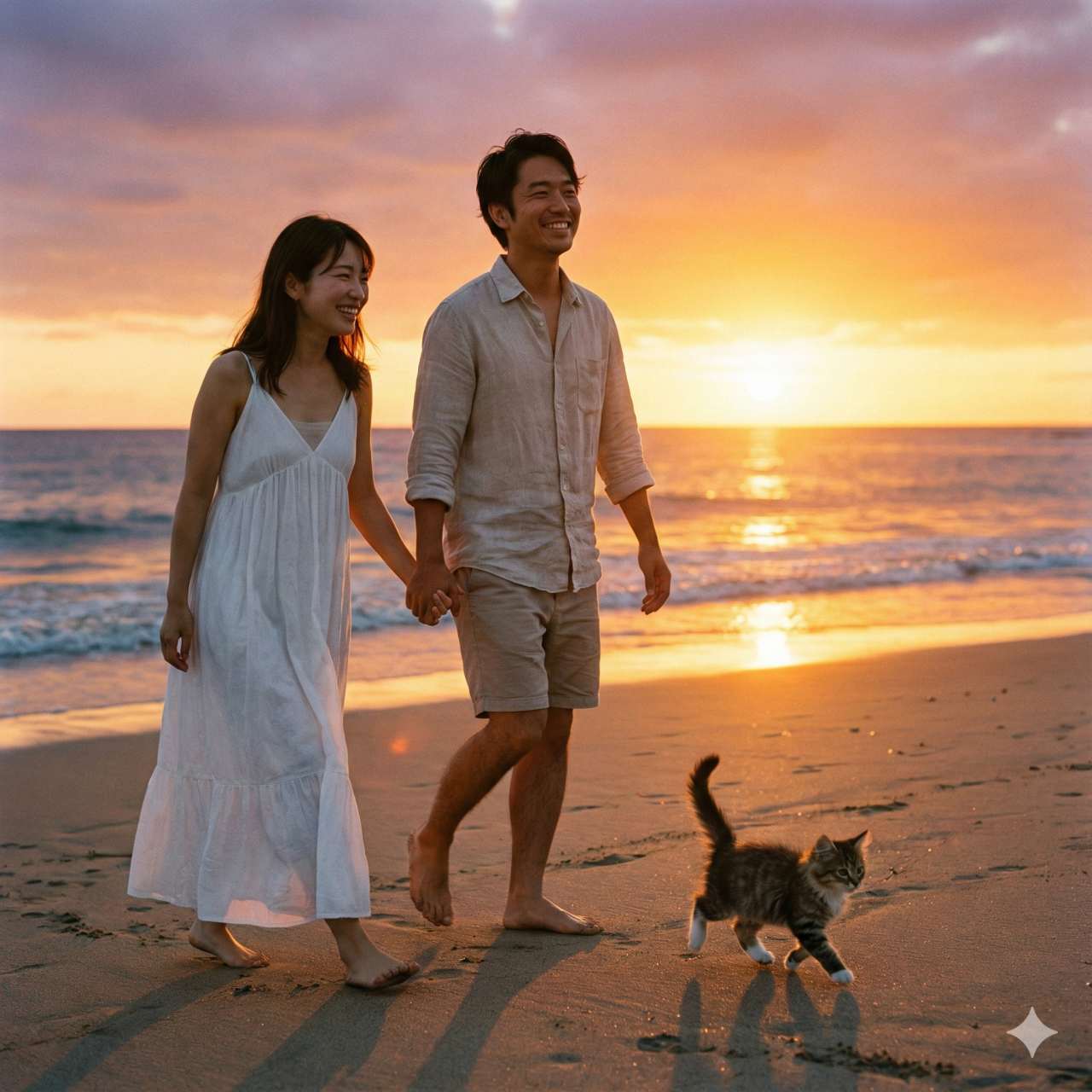 夕暮れ時の美しいビーチでのリアルな写真。20代の日本人女性と30代の日本人男性が手を繋いで歩き、オレンジ色の水平線を温かい笑顔で見つめています。足元の砂浜では子猫が楽しそうに走っています。希望に満ちたロマンチックな雰囲気、ゴールデンアワーの照明、