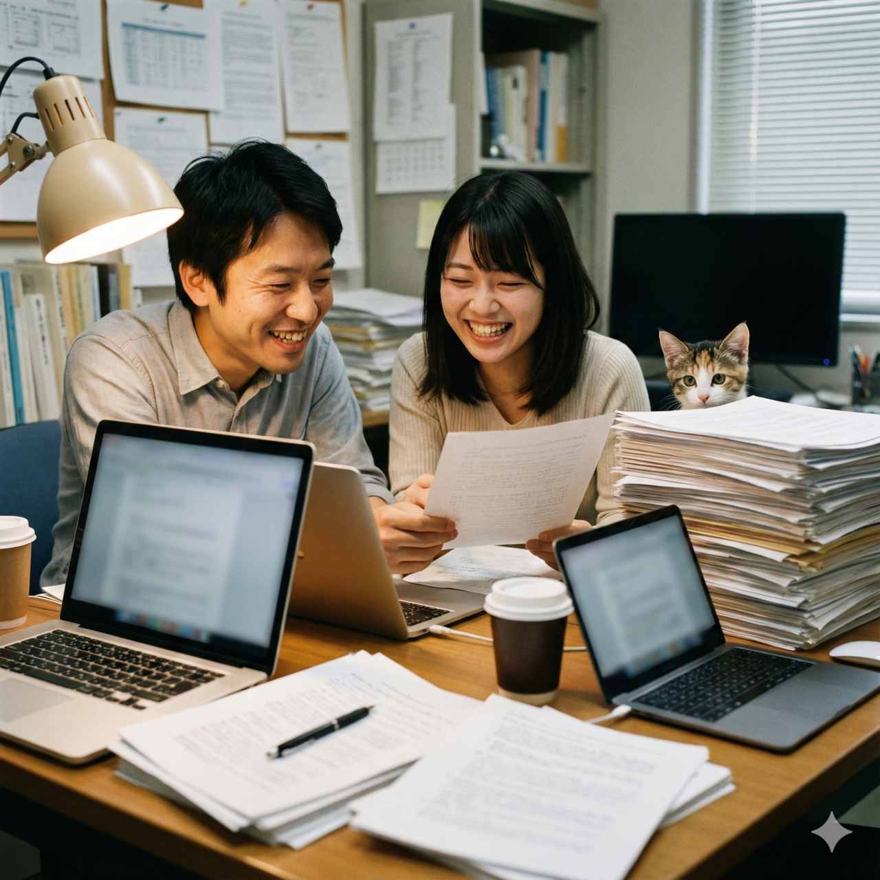 大学の研究室でのリアルな写真。30代の日本人男性と20代の日本人女性が、論文や開いたノートパソコンが溢れる机に座り、面白い発見をして一緒に笑っています。好奇心旺盛な子猫が書類の山から顔を覗かせています。
