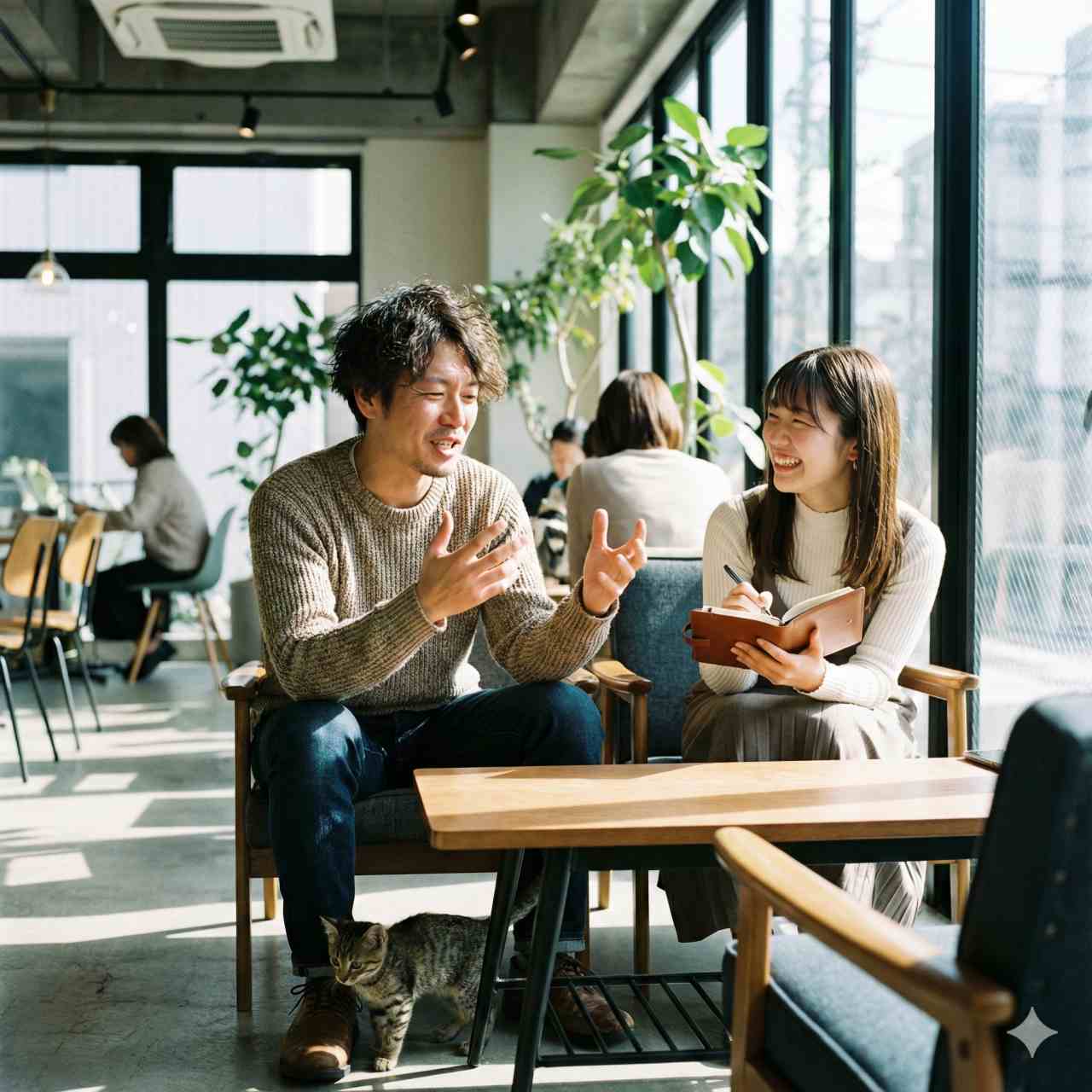 モダンでスタイリッシュなカフェでのリアルな写真。30代の日本人男性が表情豊かに熱心に話しており、20代の日本人女性が明るい笑顔で熱心に聞きながら手帳にメモを取っています。テーブルの下では小さな子猫が男性の靴紐で遊んでいます。窓からの柔らかな日光、