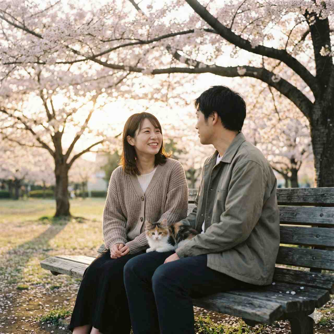桜の木の下の公園のベンチでのリアルな写真。20代の日本人女性が30代の日本人男性を温かく心温まる笑顔で見つめ、深い繋がりを感じています。ベンチの二人の間にはふわふわの子猫が座り、雰囲気を楽しんでいます。