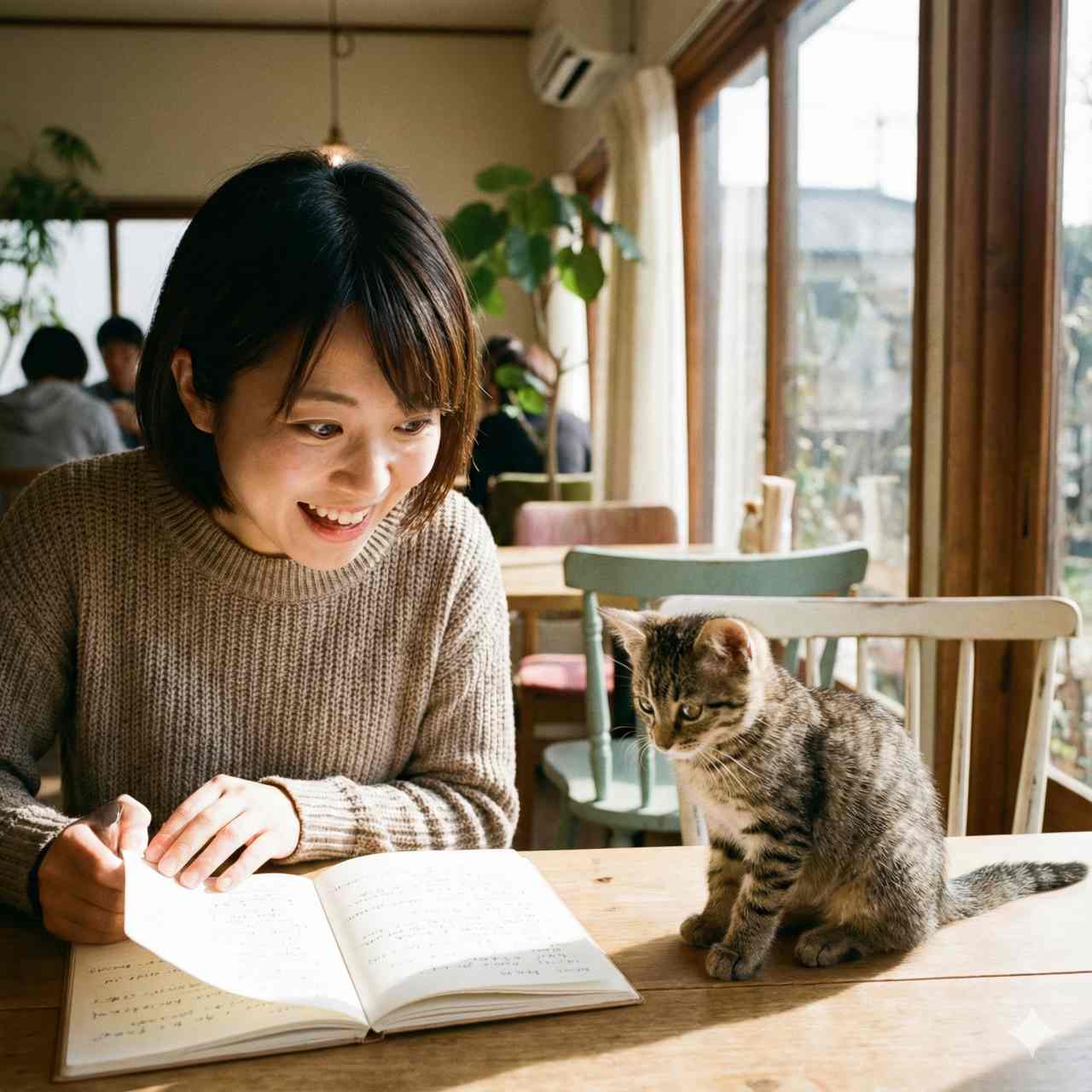 太陽の光が差し込む居心地の良いカフェでのリアルな写真。20代の日本人女性が手帳を見ながら、パッと閃いたような「アハ体験」の表情を浮かべ、喜びで顔を輝かせています。テーブルの上の子猫は首をかしげ、好奇心旺盛に彼女の手帳を覗き込んでいます。