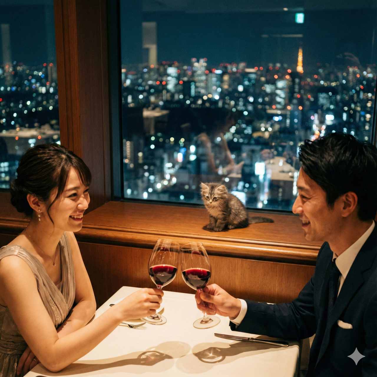 美しい夜景を背景にした高級レストランでのリアルな写真。20代の日本人女性と30代の日本人男性がワイングラスで乾杯し、ロマンチックな笑顔で見つめ合っています。子猫が広い窓辺に座り、街の明かりを眺めています。