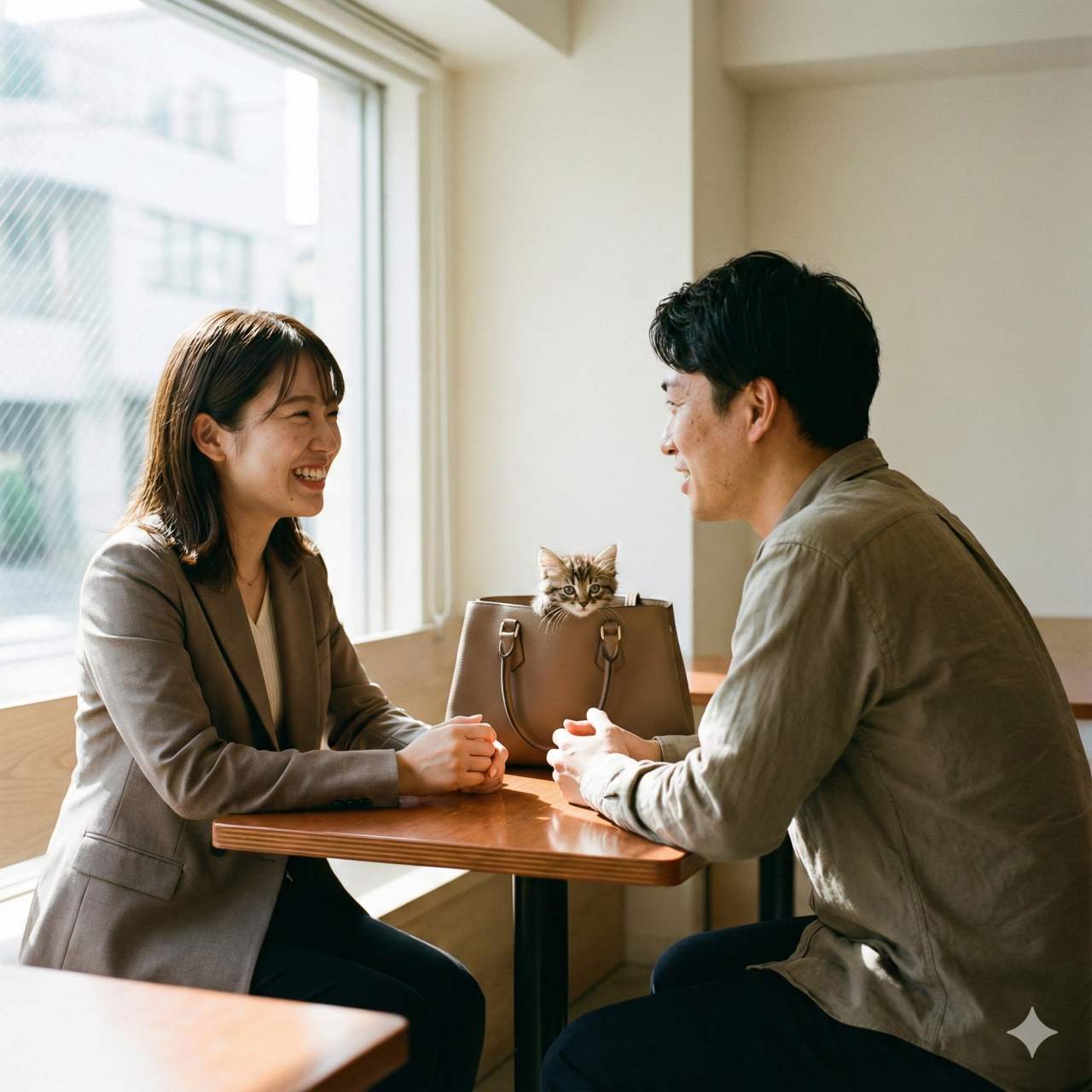 明るくトレンド感のあるカフェ店内でのリアルな写真。魅力的で自信に満ちた笑顔の20代の日本人女性が、30代の日本人男性と親密に会話をしています。テーブルの上のスタイリッシュなハンドバッグから、小さな子猫が好奇心旺盛に顔を覗かせています。