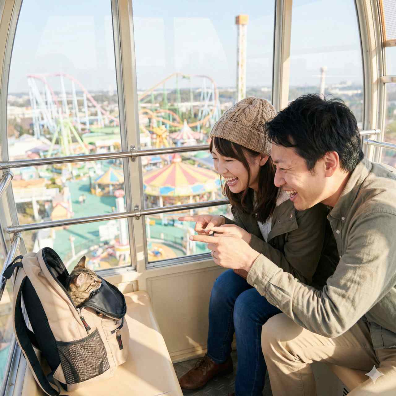 遊園地の明るい観覧車のキャビン内でのリアルな写真。20代の日本人女性と30代の日本人男性が、眼下に広がるカラフルなパークの景色を眺めながら一緒に笑っています。座席のバックパックから子猫が顔を覗かせています。ワクワクする幸せな雰囲気